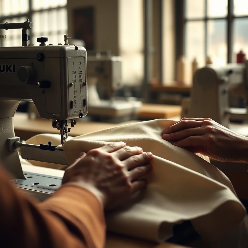 Hands guiding heavyweight cream cotton through an industrial sewing machine in a US workshop